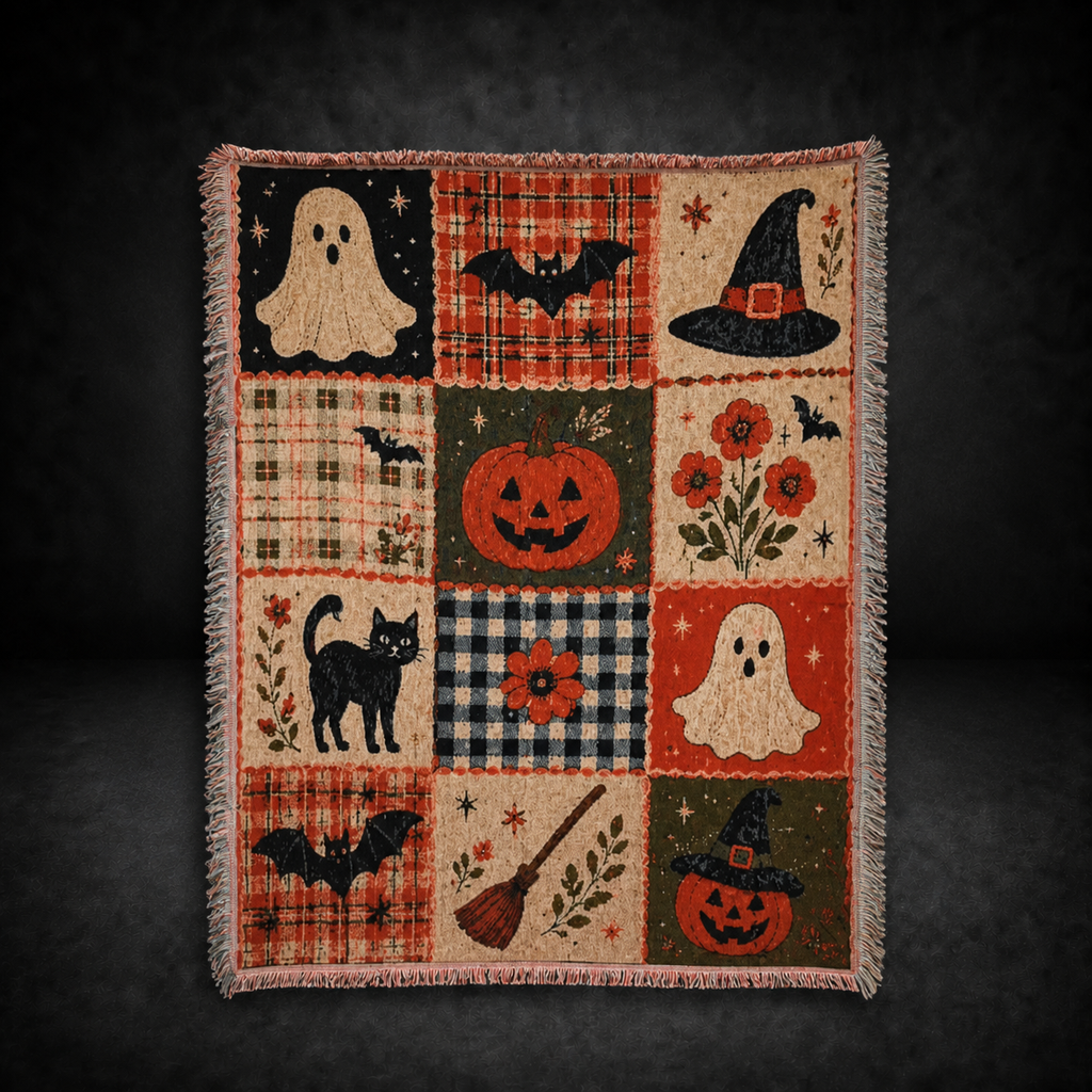 Halloween Patchwork Woven Throw Blanket – Cozy Spooky Decor