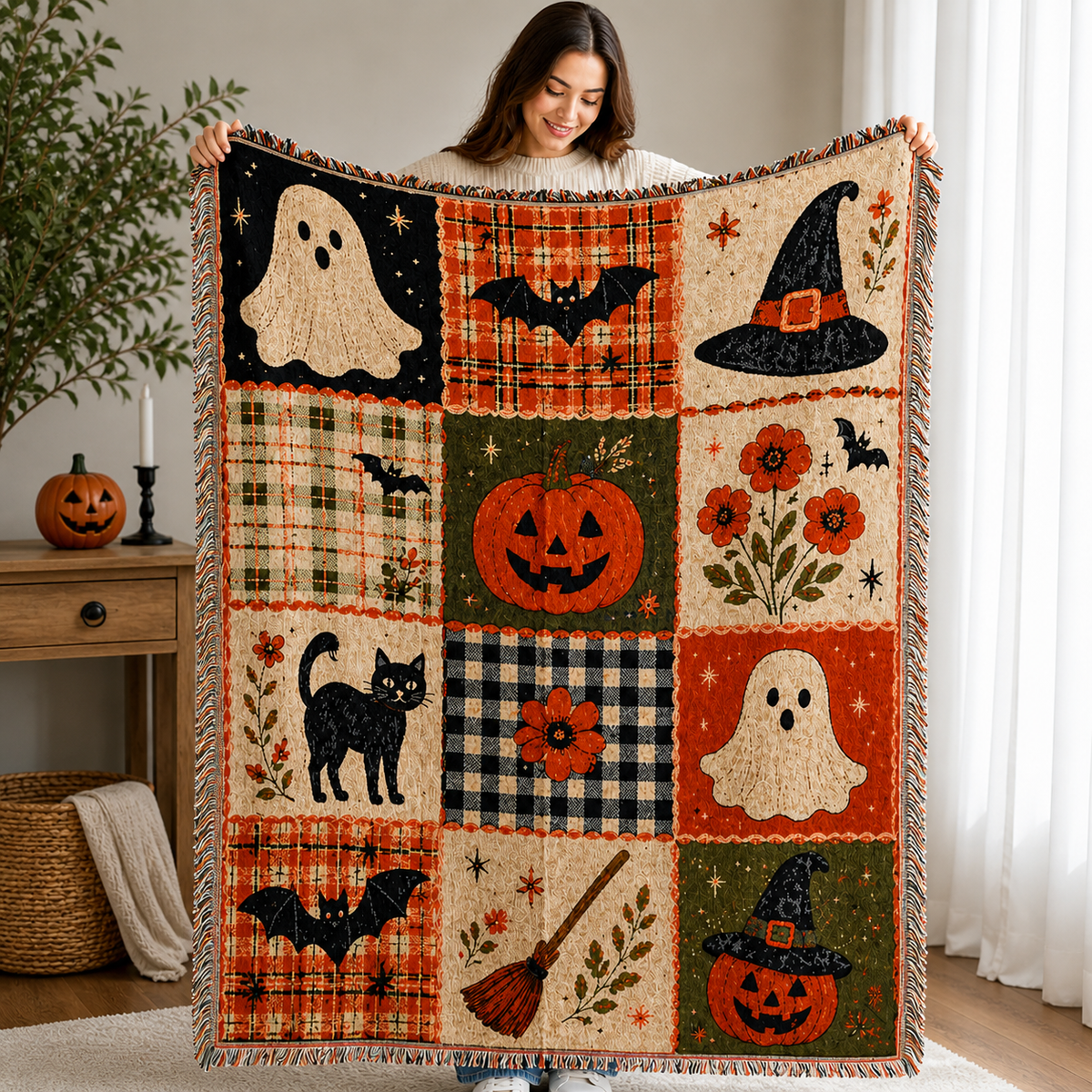 Halloween Patchwork Woven Throw Blanket – Cozy Spooky Decor