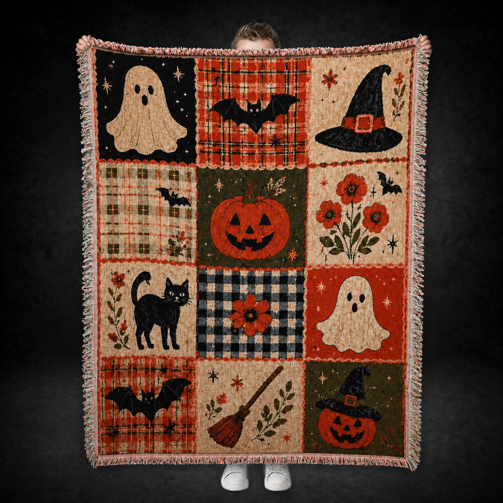 Halloween Patchwork Woven Throw Blanket – Cozy Spooky Decor